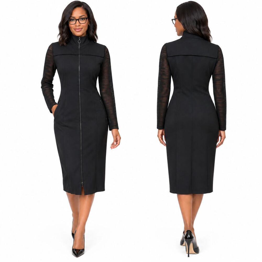 AKRIS Punto Black Zip Front Mock Neck Midi Dress US 6 Textured Sleeves Italy